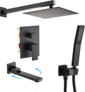 AVSIILE Shower Faucet Set with Tub Spout, Matte Black Rain Shower Mixer Valve and Trim Kit System with Base Complete, Rainfall Modern Shower Head and Handheld Handle Set Combo for Bathroom, 10 Inch