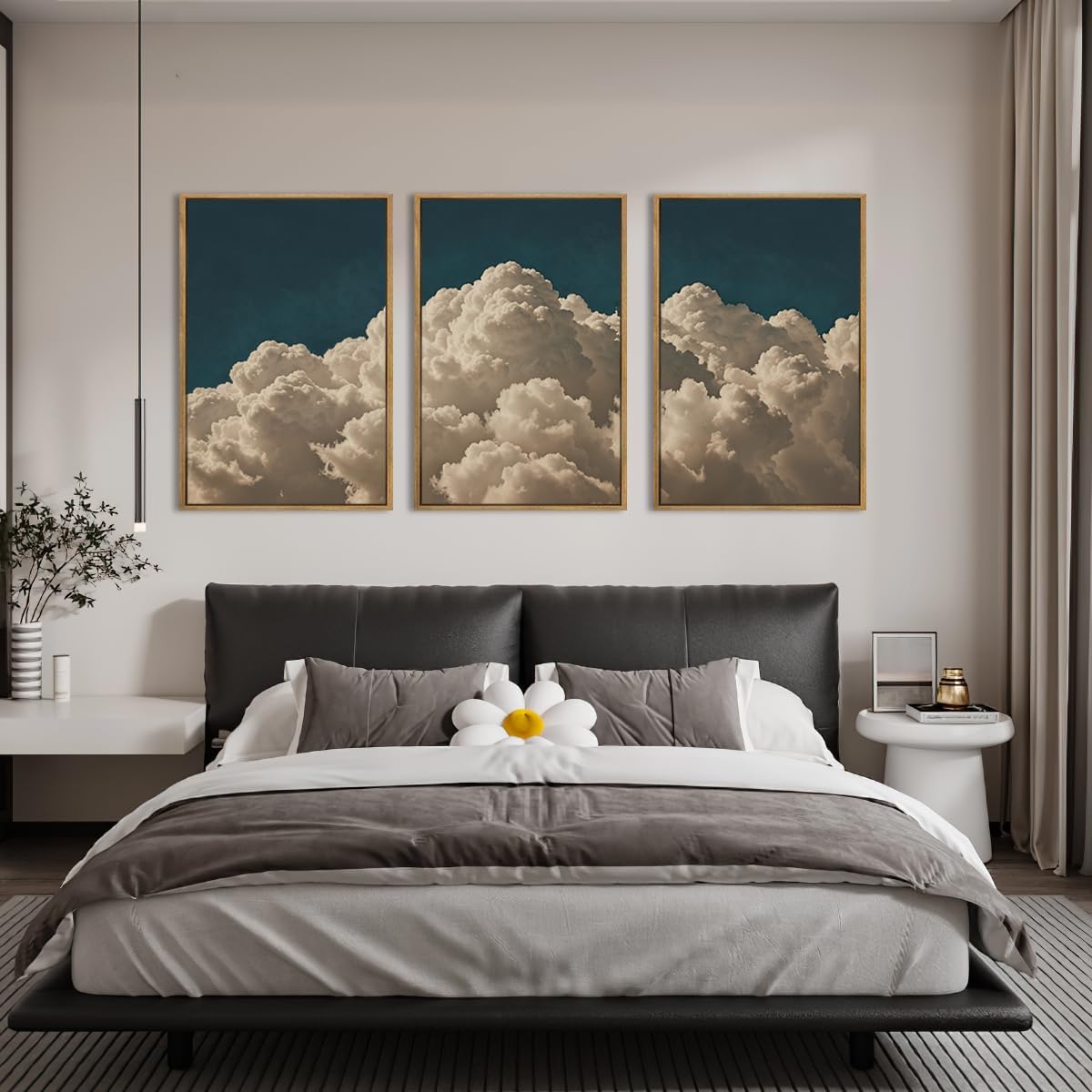 IARTTOP Extra Large Navy Blue Cloud Wall Art 24x36 Inch Framed Abstract Modern Landscape Canvas Wall Decor Minimalist Sky Painting Set of 3 for Bedroom Living room Office