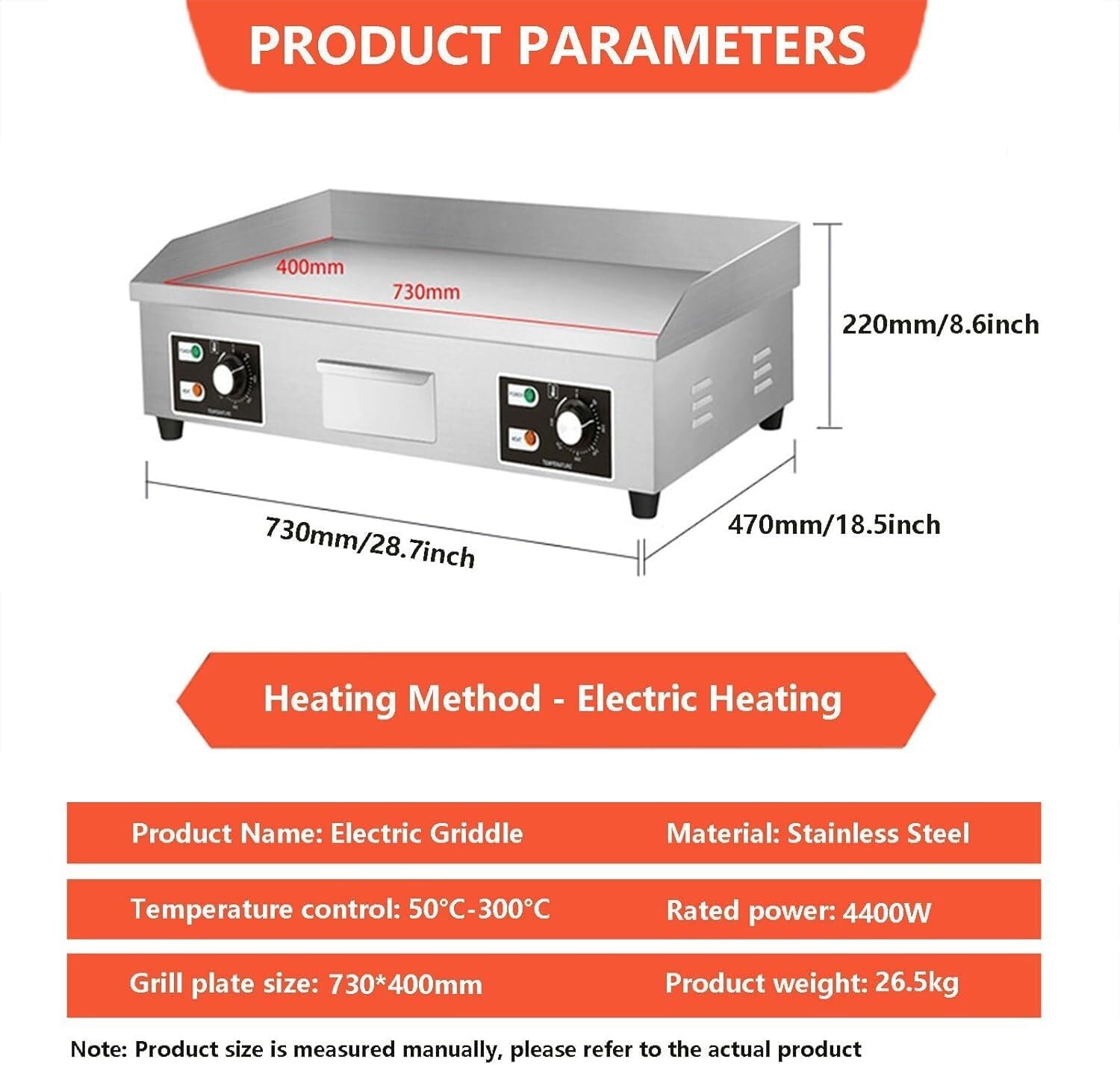 Electric Flat Top Grill Commercial Griddle, Burger Bacon Griddle 50-300℃, Countertop Griddle and Warmer for Grilling Bacon, Pancakes