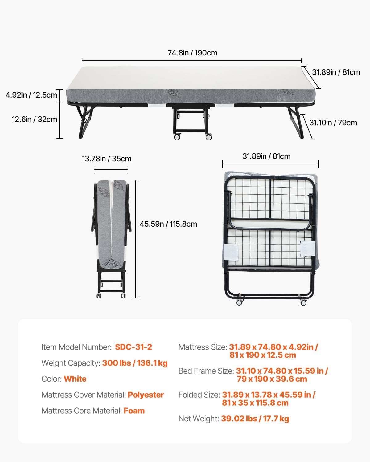 VEVOR 31 in x 75 in Folding Bed with 5 in Mattress, Twin Size, White, Metal Frame & Memory Foam Mattress, Portable Rollaway Bed, 300 lbs Weight Capacity, Adult, Guest