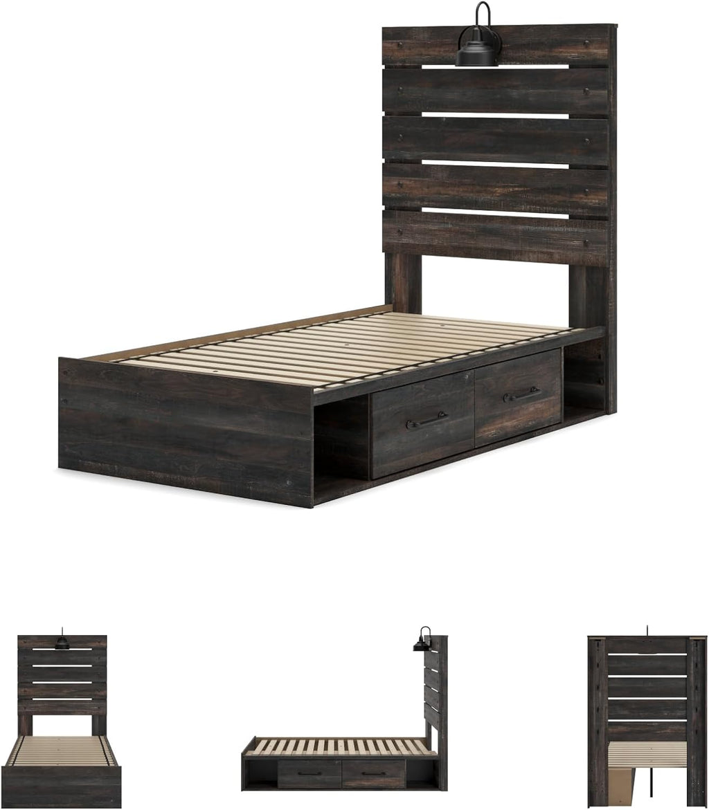 Signature Design by Ashley Drystan Rustic Twin Panel Platform Bed with 2 Storage Drawers, Open Cubbies, Sconce LED Light and USB Ports, Foundation or Box Spring Not Needed, Dark Brown & Gray