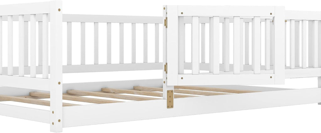 Platform Bed with Fence and Doors,Wood Floor Bed Frame for Bedroom,No Box Spring Needed (White, Full)