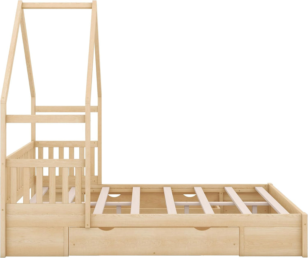 VilroCaz Wood Queen Size House Platform Bed with Safety Fence, Montessori Platform Bed with House Shape Headboard and 2 Drawers for Kids Boys Girls, Sturdy Slats Support (Natural-Q)