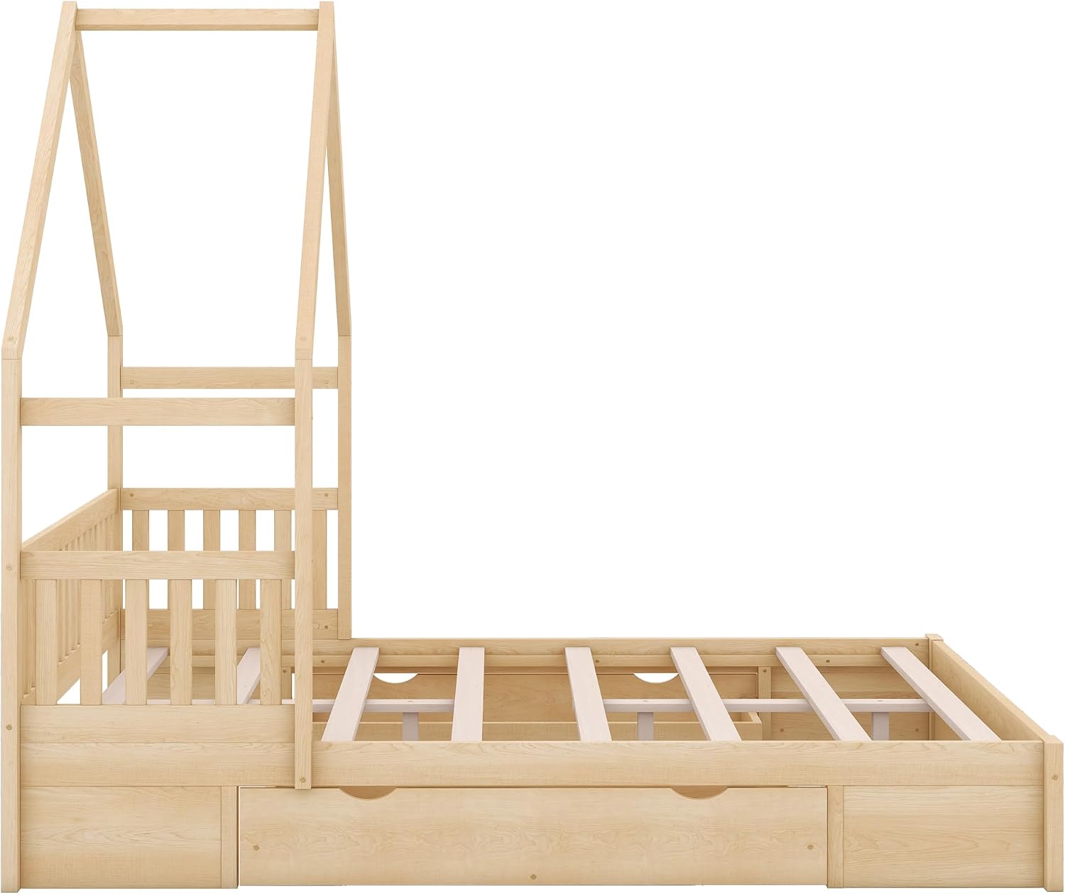VilroCaz Wood Queen Size House Platform Bed with Safety Fence, Montessori Platform Bed with House Shape Headboard and 2 Drawers for Kids Boys Girls, Sturdy Slats Support (Natural-Q)