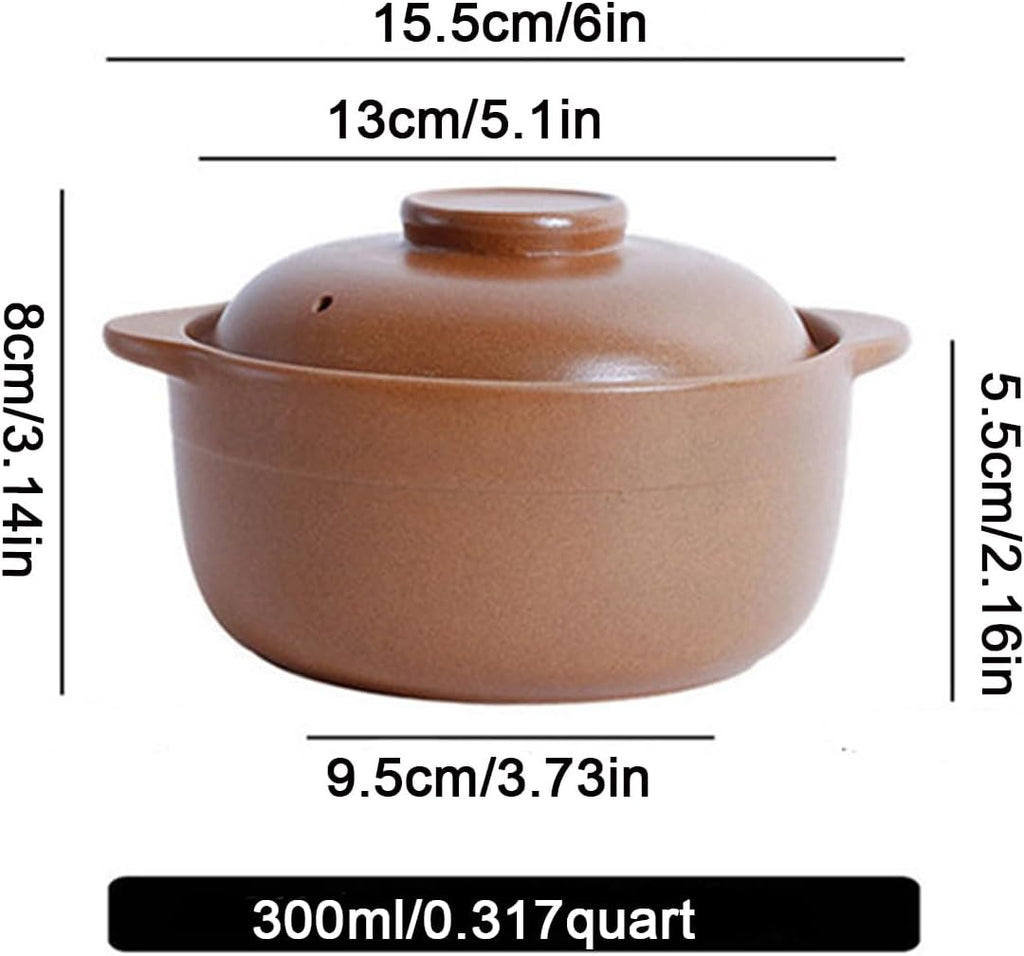 Clay Cooking Pot with Lid and Dual Handles - Round Ceramic Casserole for Soup and Stews, Uniform Heating Household Braiser Pan-Brown-0.3L/0.317Quart
