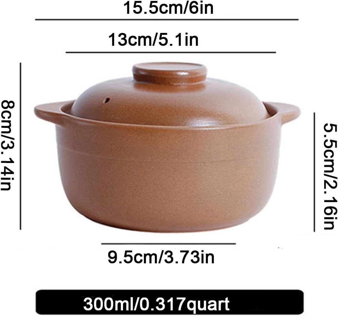 Clay Cooking Pot with Lid and Dual Handles - Round Ceramic Casserole for Soup and Stews, Uniform Heating Household Braiser Pan-Brown-0.3L/0.317Quart