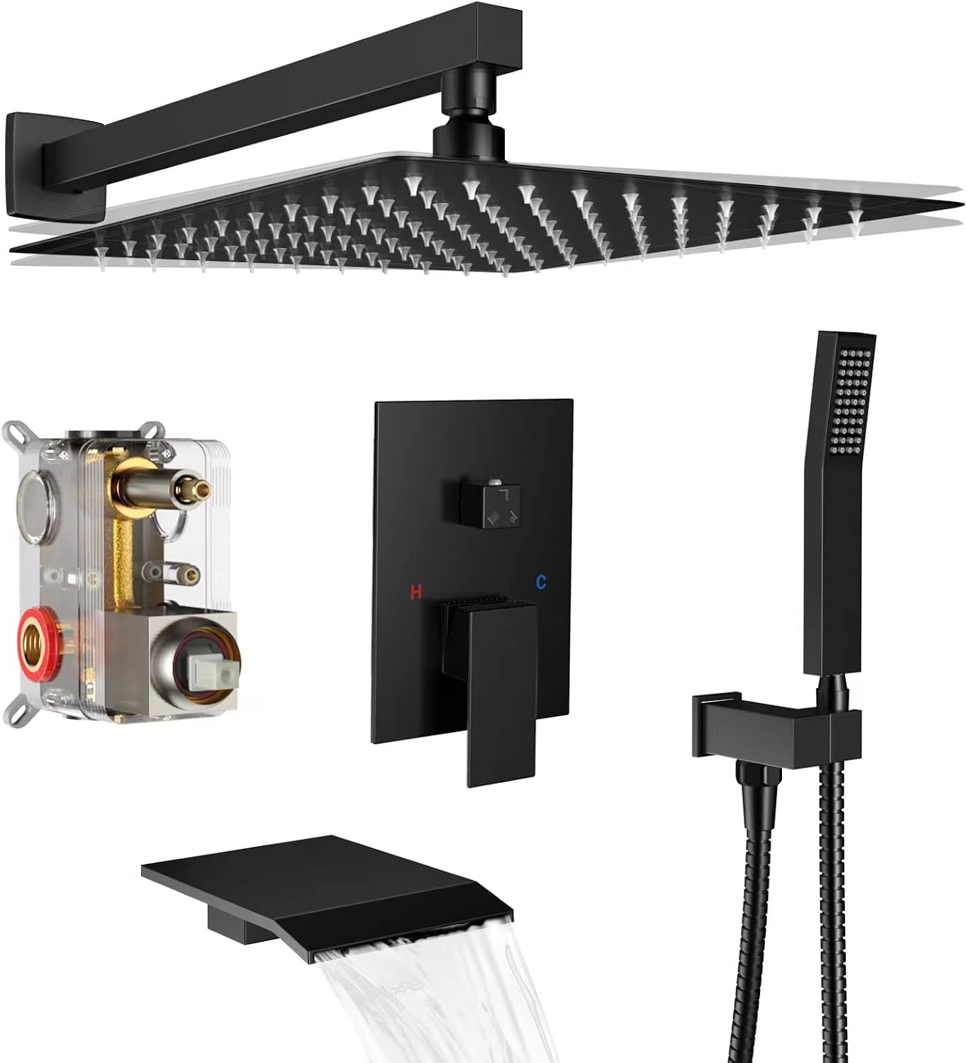 Rain Shower System 12 inch Shower Faucet Set with Tub Spout,Bathroom Wall Mounted Waterfall Shower Head Faucet Sets Complete with Handheld Spray,Rough-in Valve Body and Trim kit,Matte Black