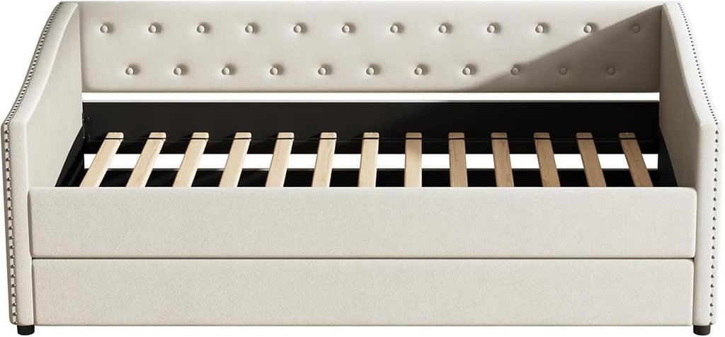 Upholstered Daybed with Trundle, Twin Size Day Bed w/Button-Tufted Back and Piping on Waved-Shape Arms for Bedroom or Guest Room, No Box Spring Required,Beige