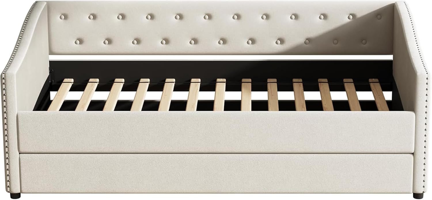 Upholstered Daybed with Trundle, Twin Size Day Bed w/Button-Tufted Back and Piping on Waved-Shape Arms for Bedroom or Guest Room, No Box Spring Required,Beige
