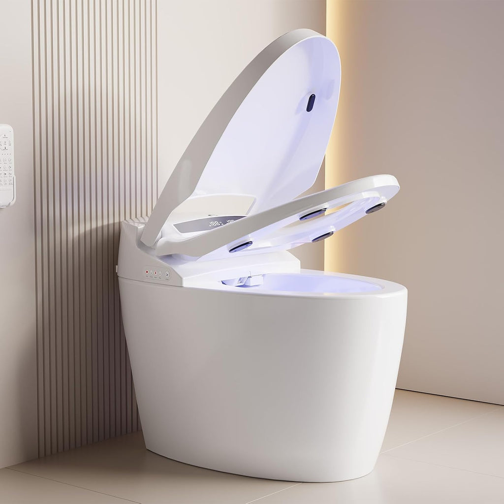 Modern Smart Toilet, One-Piece Elongated with Built-in Bidet, Heated Seat, Foot Sensor Flushing, Warm Air Dryer, Remote Control for Lid Open/Close