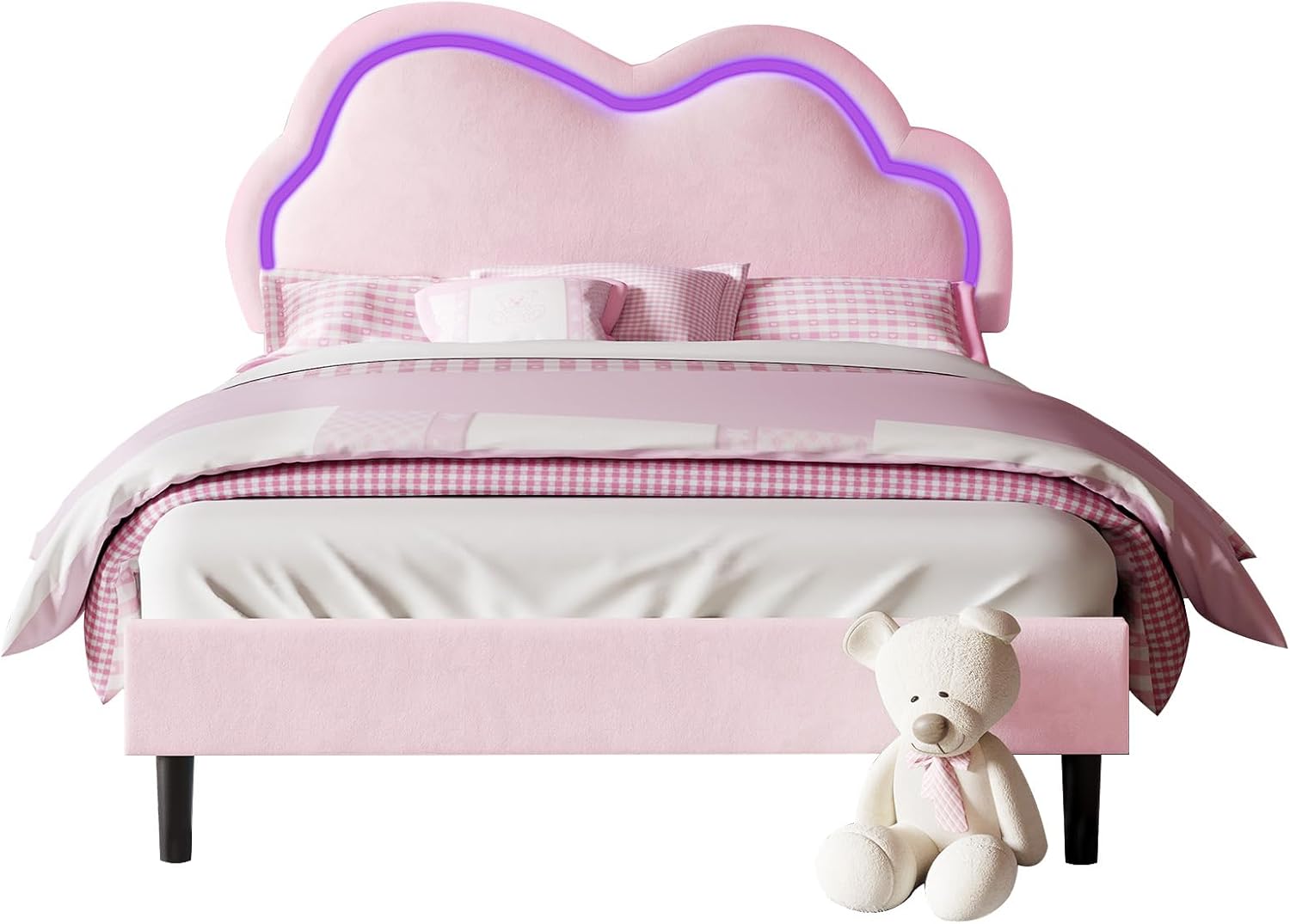 Jocisland Twin Bed Frame for Girls with Adjustable Cloud Headboard, Velvet Upholstered & RGB Lights, 7.1' Underbed Storage, No Box Spring Needed, Pink | Cloud Shape Design