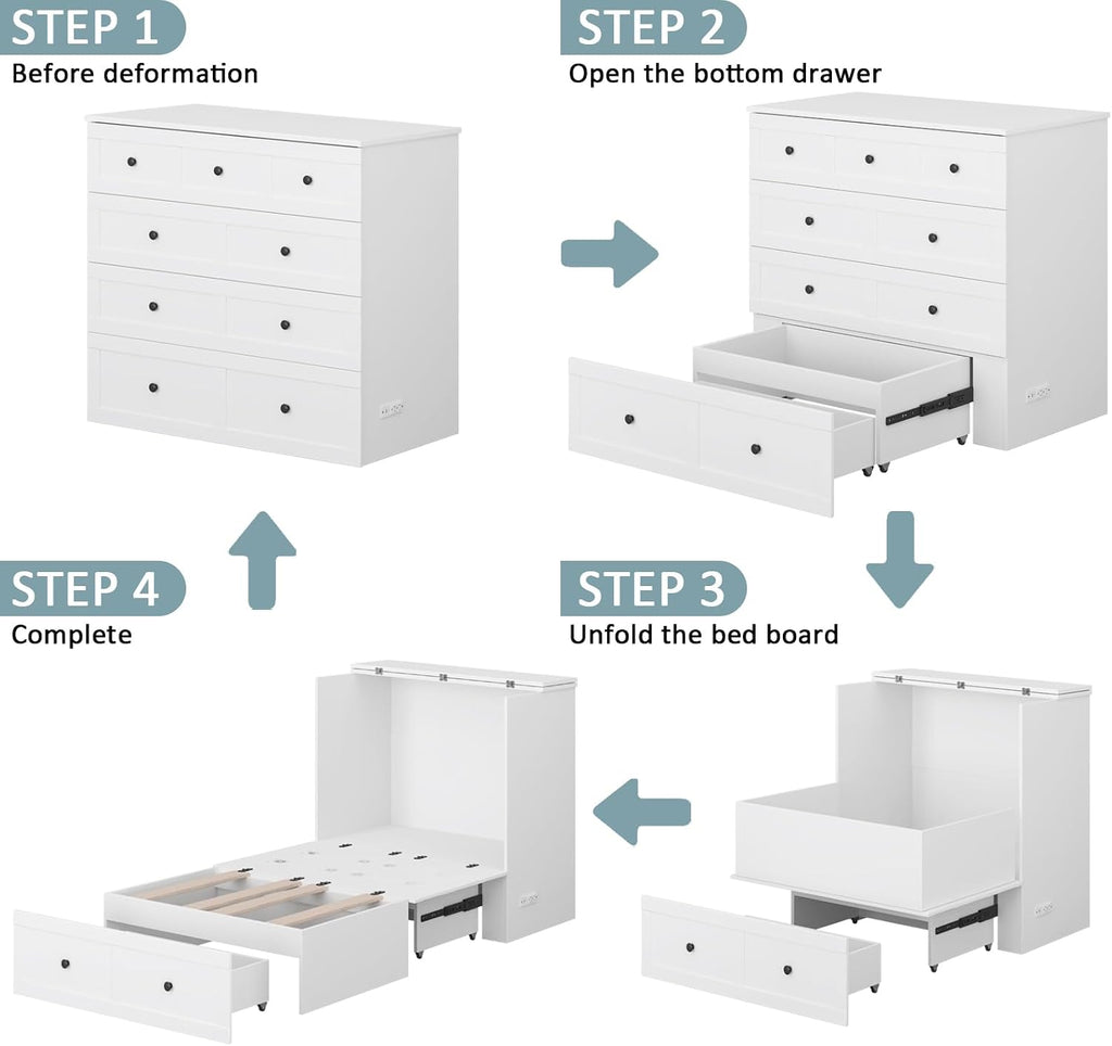 LIVAUVEAD Twin Murphy Bed with Built-in Charging Station, Space-Saving Murphy Bed Chest Twin with Drawer, Foldable, for Home Office Guest Room Bedroom White