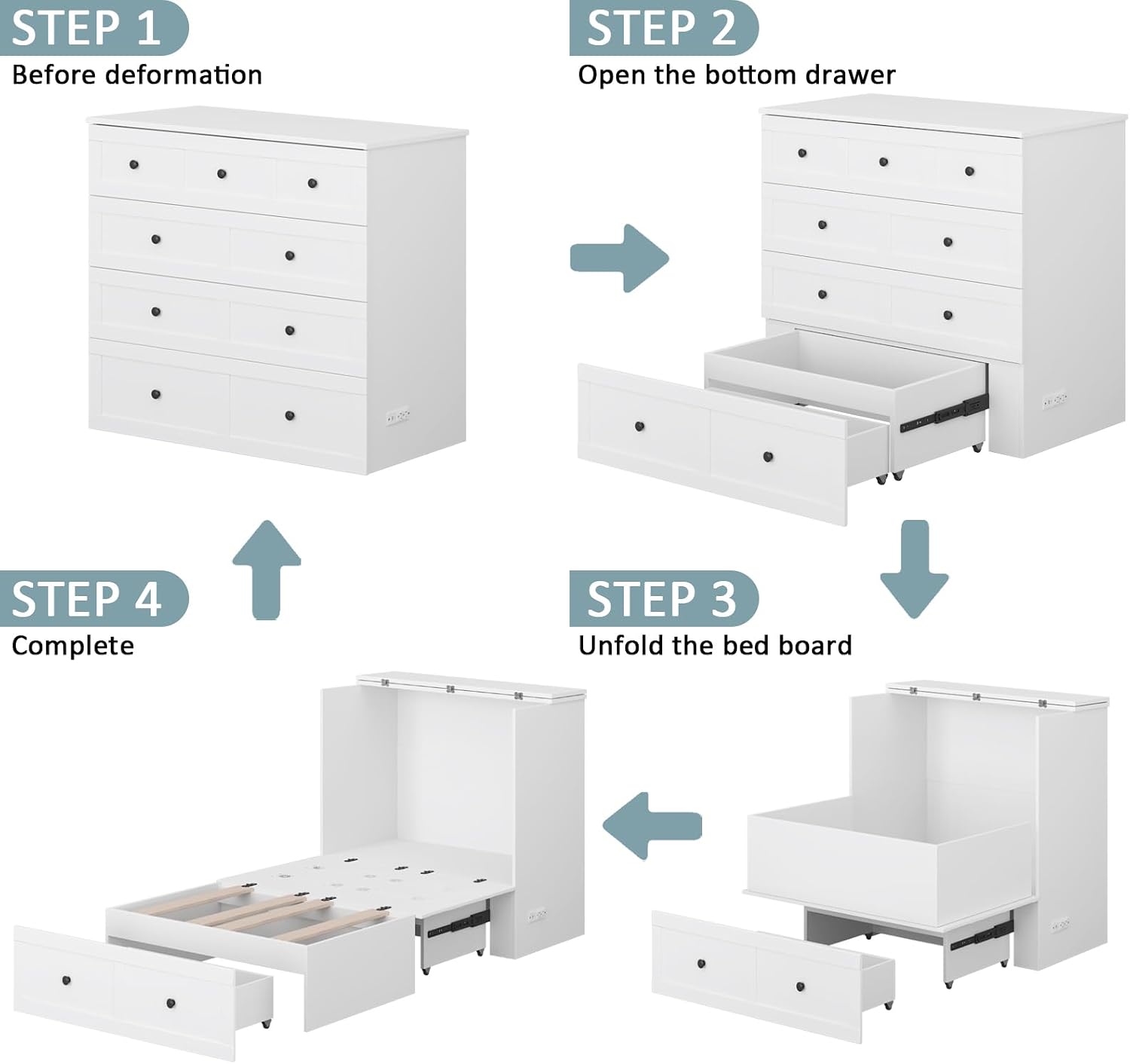 LIVAUVEAD Twin Murphy Bed with Built-in Charging Station, Space-Saving Murphy Bed Chest Twin with Drawer, Foldable, for Home Office Guest Room Bedroom White
