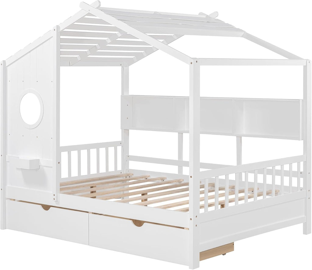 MERITLINE Full Size Kids House Bed with 2 Drawers and Storage Shelf, Wooden Kids Montessori Bed Frame (White)
