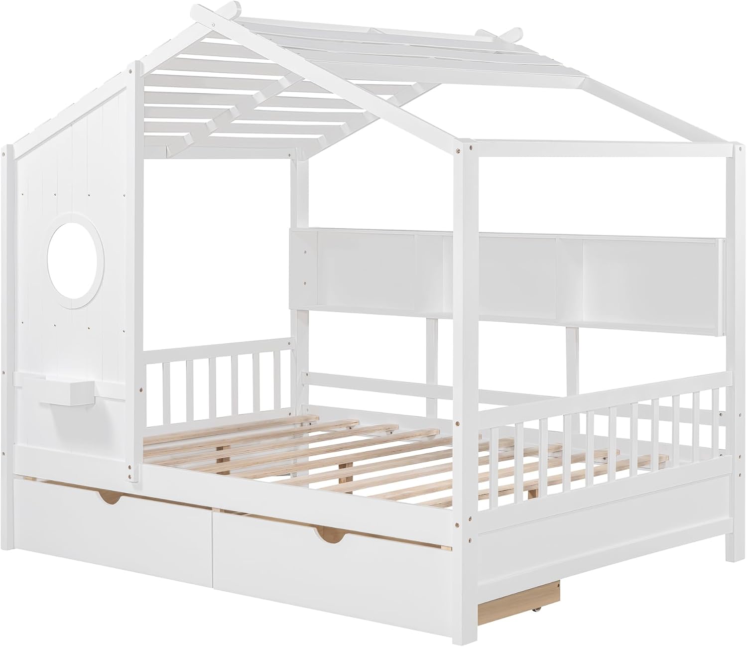 MERITLINE Full Size Kids House Bed with 2 Drawers and Storage Shelf, Wooden Kids Montessori Bed Frame (White)