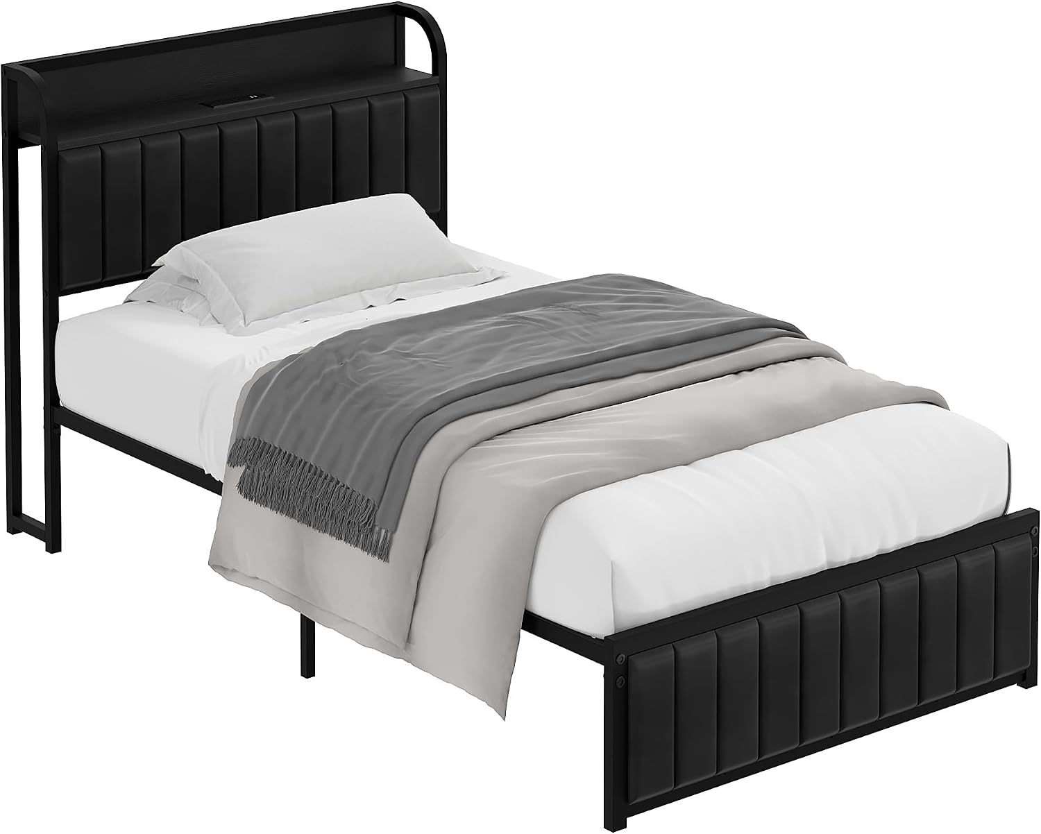 VECELO Twin Bed Frame, Storage Upholstered Headboard with Charging Station, Platform Bedframe, Heavy Duty Metal Slats, No Box Spring Needed, Noise-Free, Easy Assembly, Dark Black