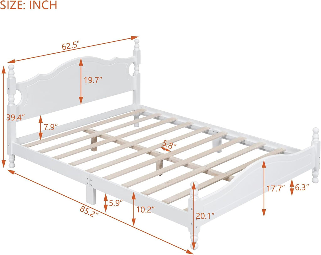 LUMISOL Wood Bed Frame Queen Size with Classic Headboard, Retro Style Wooden Bed Frame with Wood Slat Support for Bedroom, White