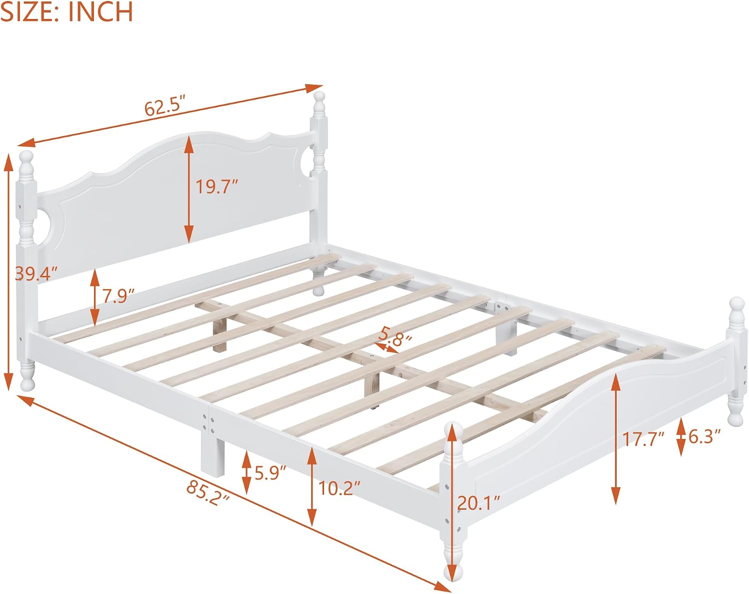 LUMISOL Wood Bed Frame Queen Size with Classic Headboard, Retro Style Wooden Bed Frame with Wood Slat Support for Bedroom, White