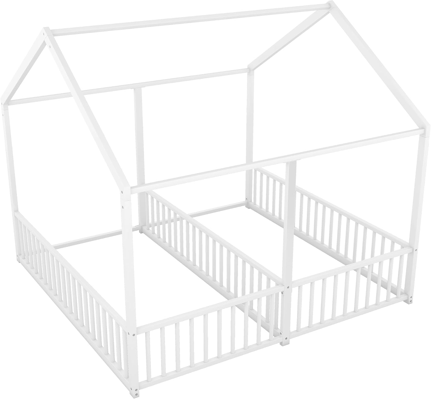 PVWIIK Full Double Montessori Floor Bed with Fence & Roof for Two Kids Teens Boys Girls,Full Floor Bed,Easy Assemble,No Box Spring Needed, White
