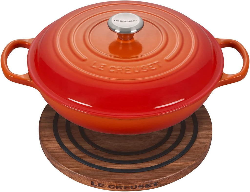 Le Creuset 3 1/2 qt. Signature Cast Iron Braiser Bundle with Magnetic Wooden Trivet - Flame