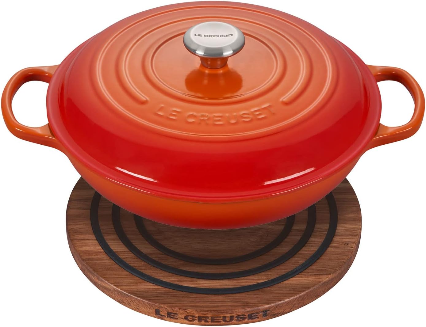Le Creuset 3 1/2 qt. Signature Cast Iron Braiser Bundle with Magnetic Wooden Trivet - Flame