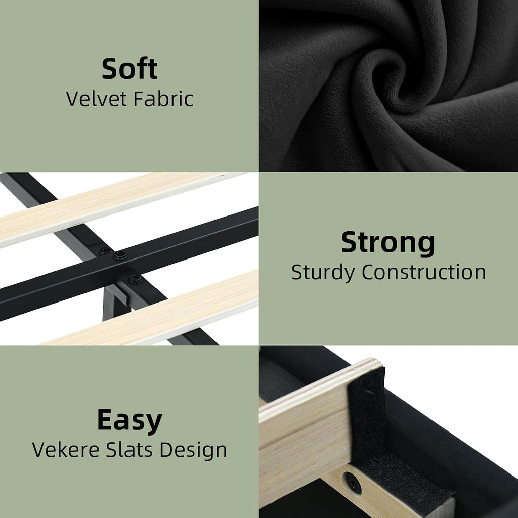 REVOMINCA Queen Bed Frame, Queen Platform Bed Frame with Velvet Upholstered Headboard, No Box Spring Needed, Easy Assembly, Black