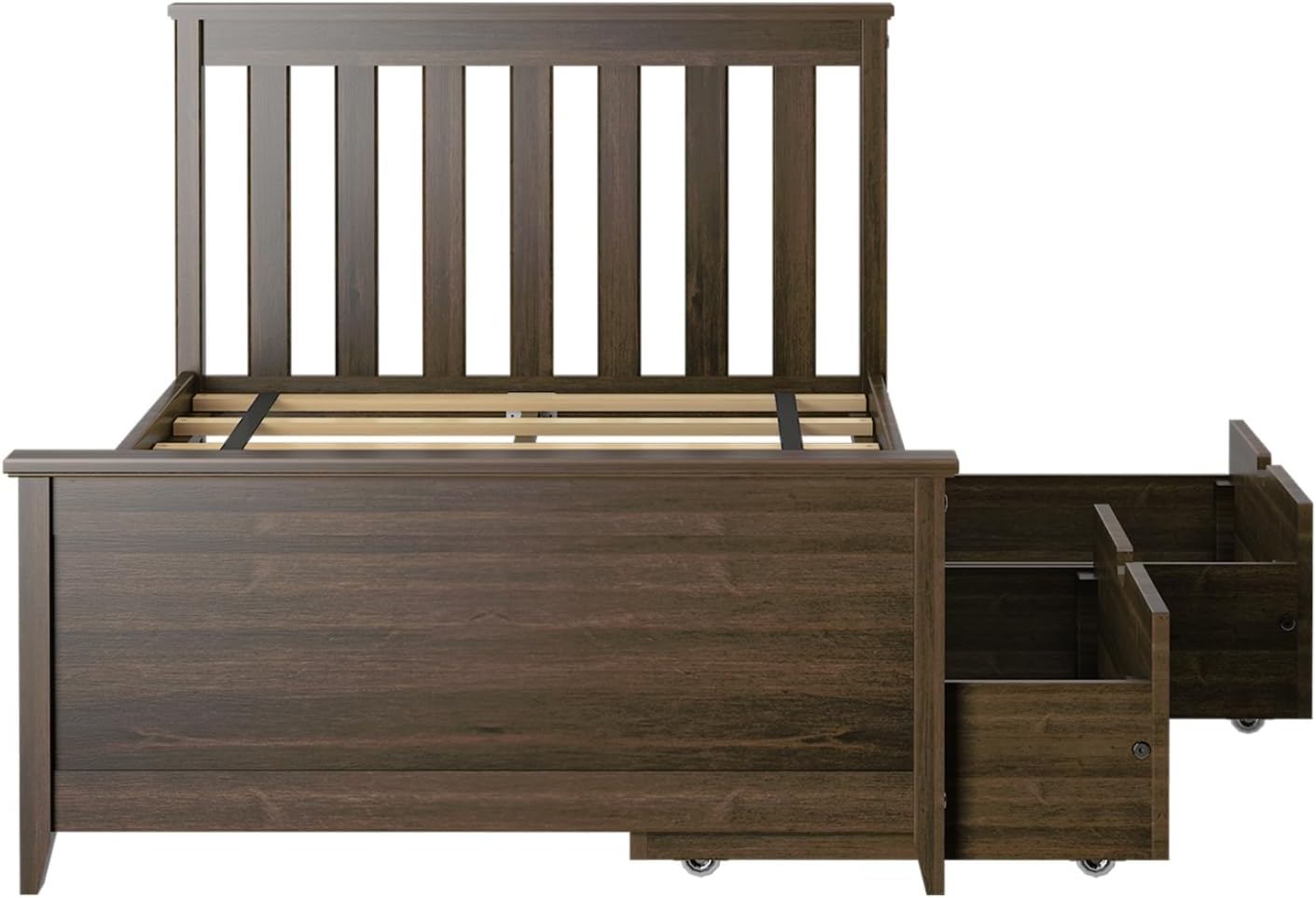 Max & Lily Classic Twin Bed, Slatted Headboard, with Storage Drawers, Walnut