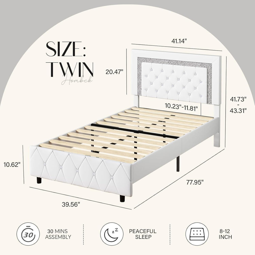 HOMBCK Twin Bed Frame with Diamond Headboard, Faux Leather Upholstered Platform Bed, Mattress Foundation, No Box Spring Needed, Easy Assembly, Pearlized White