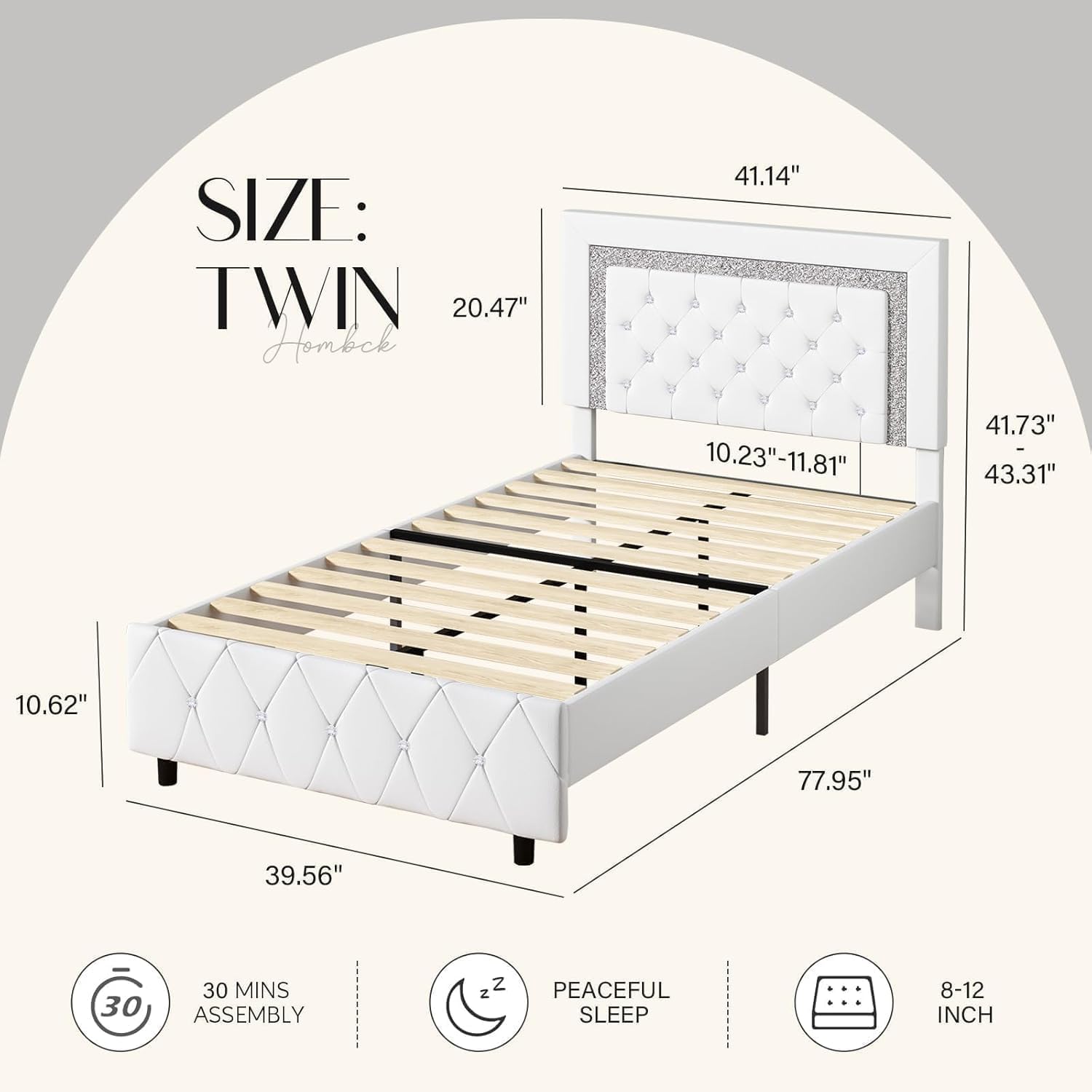 HOMBCK Twin Bed Frame with Diamond Headboard, Faux Leather Upholstered Platform Bed, Mattress Foundation, No Box Spring Needed, Easy Assembly, Pearlized White