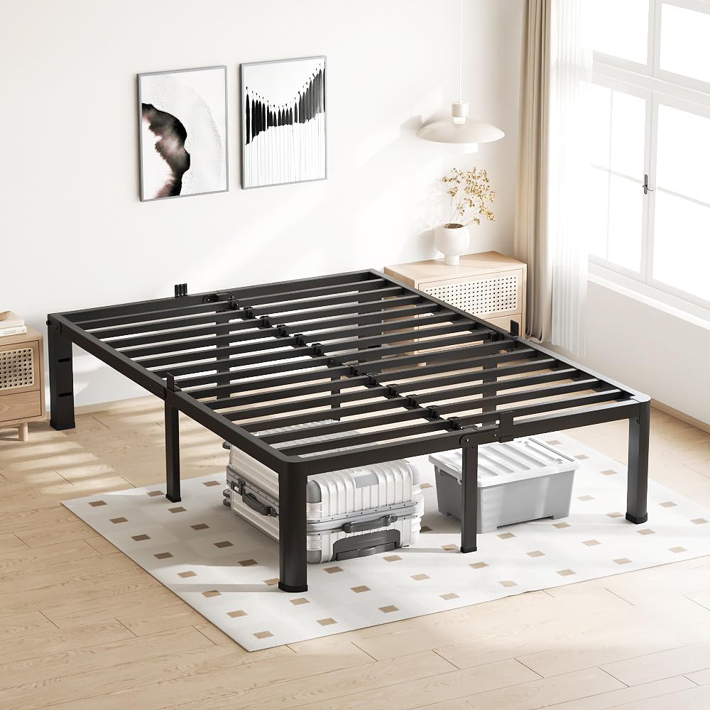 VIPSHOW 14 Inch Full Size Bed Frame, 3500Lbs Heavy Duty Metal Platform with Round Corner Legs Mattress Slide Stopper, Steel Slat Support No Box Spring Needed, Noise Free, Non-Slip, Easy Assembly