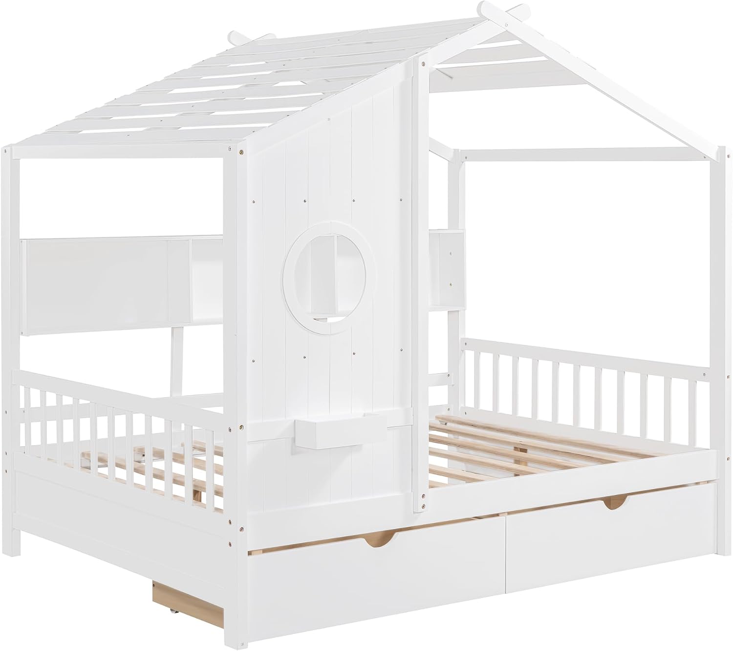 MERITLINE Full Size Kids House Bed with 2 Drawers and Storage Shelf, Wooden Kids Montessori Bed Frame (White)