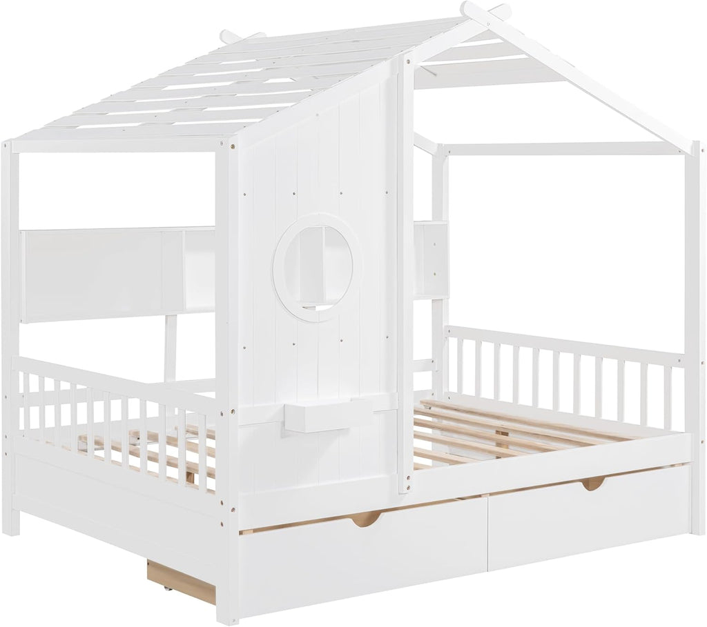 VilroCaz Full Size House Bed with 2 Drawers and Storage Shelf, Playhouse Design Solid Wood Kids Platform Bed Frame for Girls Boys, Decorable Daybed with Sturdy Slats Support, Space-Saving (AF-White)