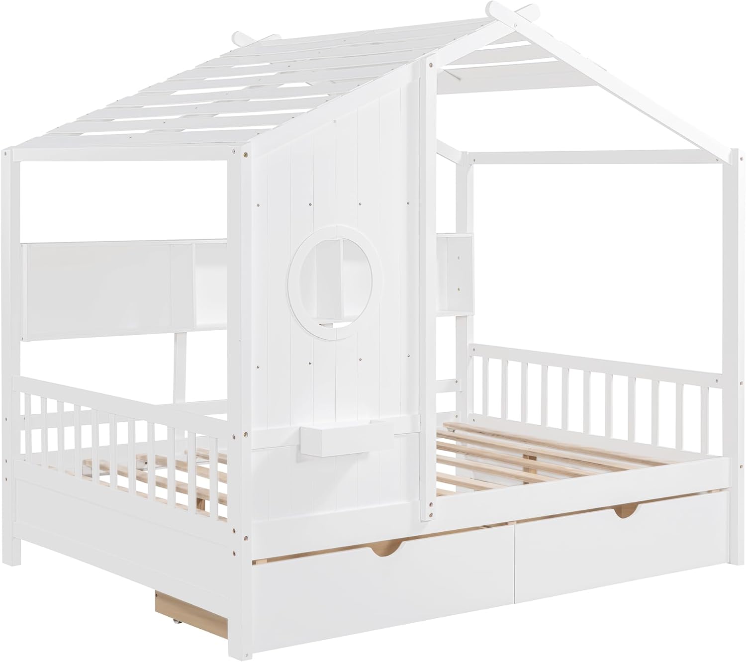 VilroCaz Full Size House Bed with 2 Drawers and Storage Shelf, Playhouse Design Solid Wood Kids Platform Bed Frame for Girls Boys, Decorable Daybed with Sturdy Slats Support, Space-Saving (AF-White)