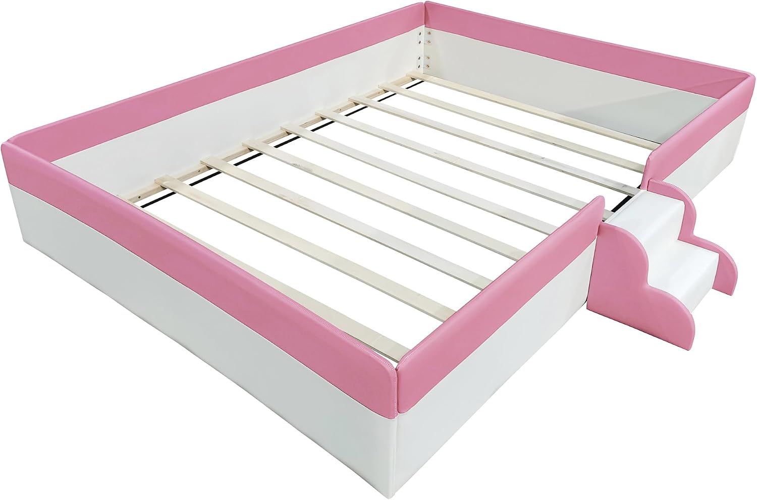 VilroCaz King Size Upholstered Daybed Frame with Fence and Stairs, Montessori Kids Floor Bed with Sturdy Slat Support for Kids Boys Girls