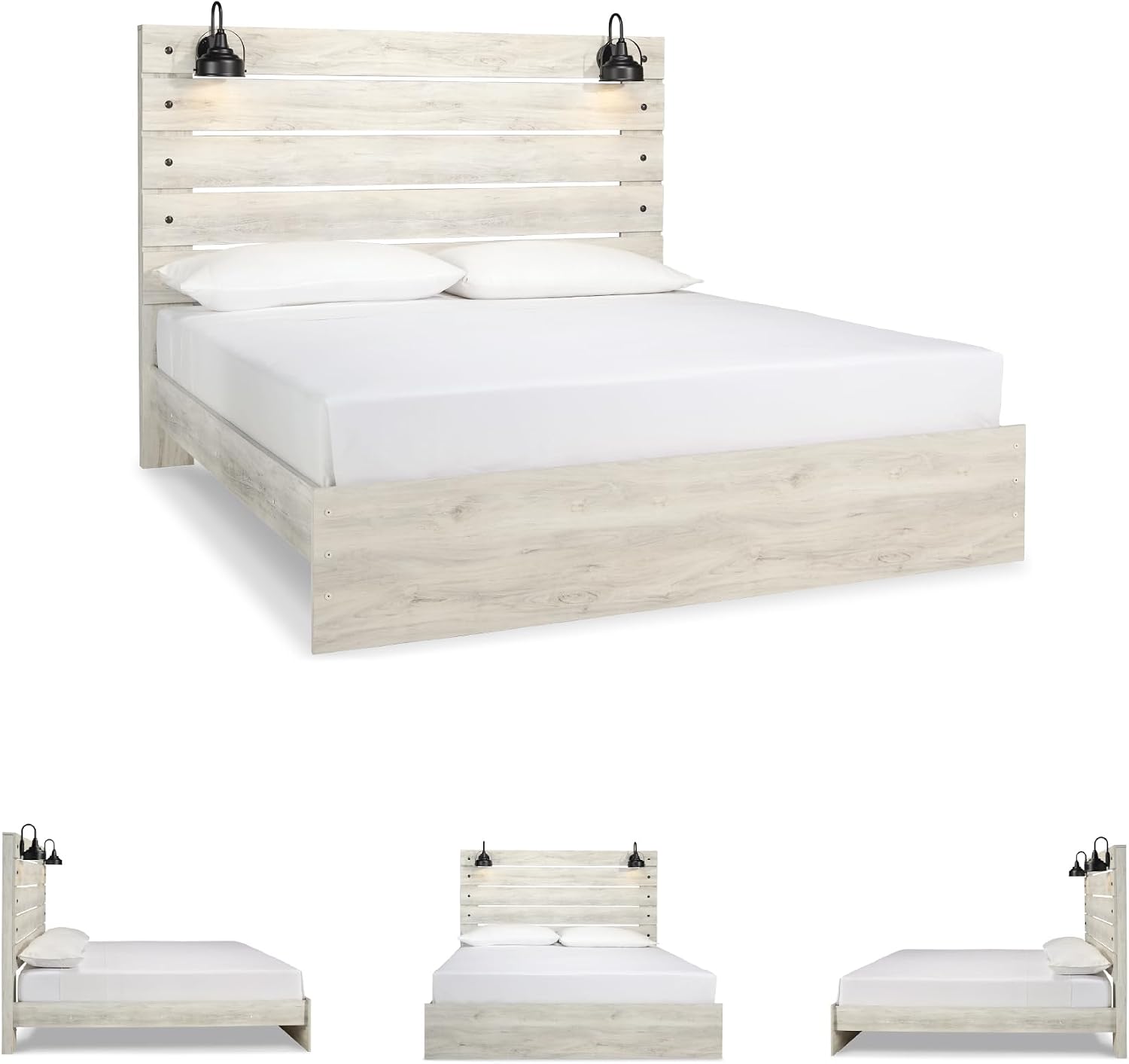 Signature Design by Ashley Cambeck Farmhouse King Panel Bed with Sconce Lights and USB Ports, Foundation or Box Spring Needed, Whitewash