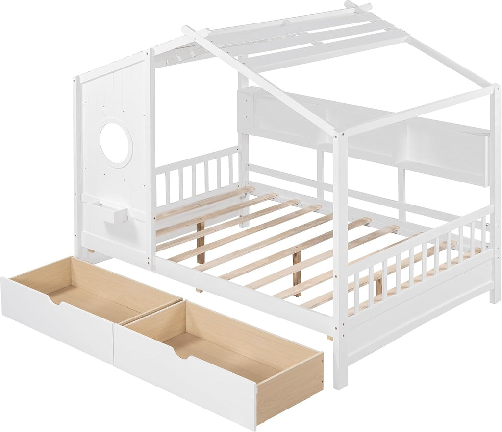 MERITLINE Full Size Kids House Bed with 2 Drawers and Storage Shelf, Wooden Kids Montessori Bed Frame (White)