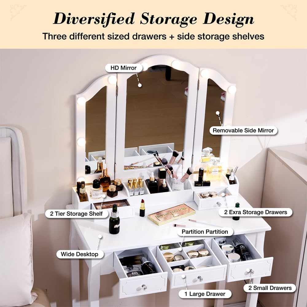 BLEXA Vanity Desk Set-White Vanity Desk with Mirror and Lights Vanity Table with Drawers and Cushioned Stool Makeup Table with Mirror for Women and Girls(White)