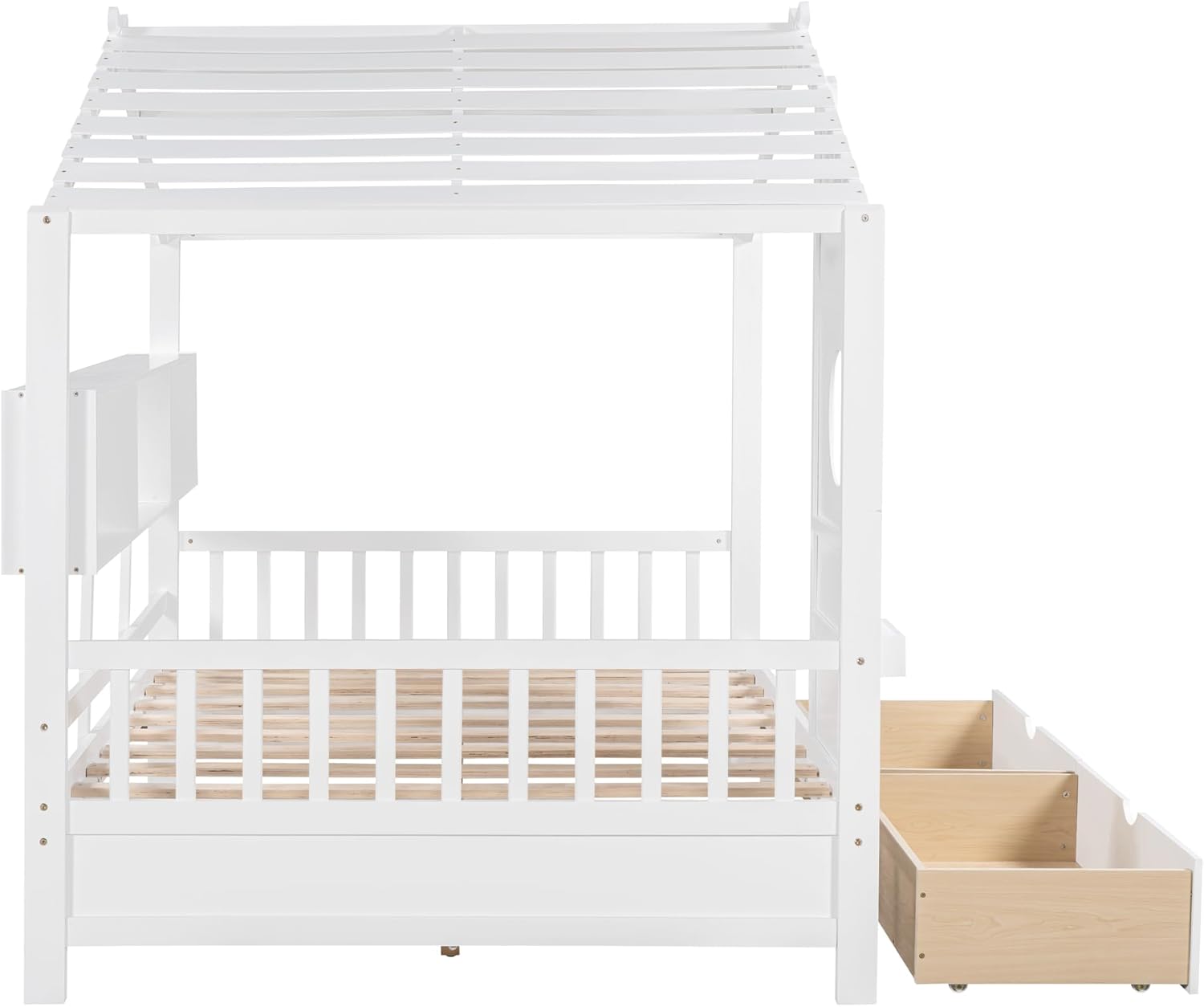 MERITLINE Full Size Kids House Bed with 2 Drawers and Storage Shelf, Wooden Kids Montessori Bed Frame (White)
