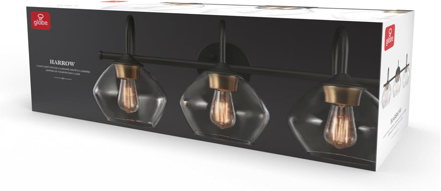 Globe Electric 51853 3-Light Vanity Light, Dark Bronze, Antique Brass Accents, Clear Glass Shade, Beauty Room Accessories, Bathroom Lights Over Mirror, Makeup Mirror Lights, Bulb Not Included