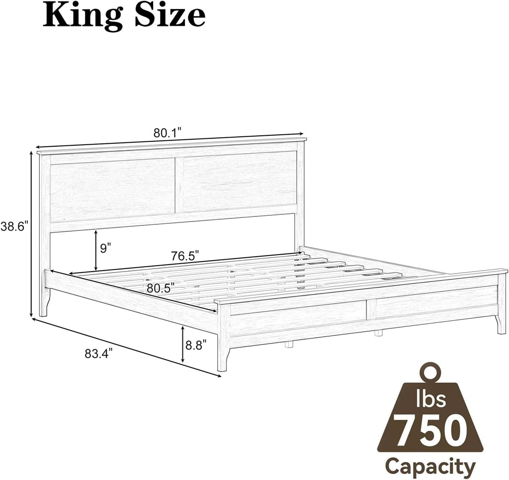 King Size Wood Bed Frame and Headboard, Modern Retro White Platform Beds Frames, Sturdy and Durable Design Rustic Wooden Bedroom Set, Easy Assembly, No Box Spring Needed (White, King)
