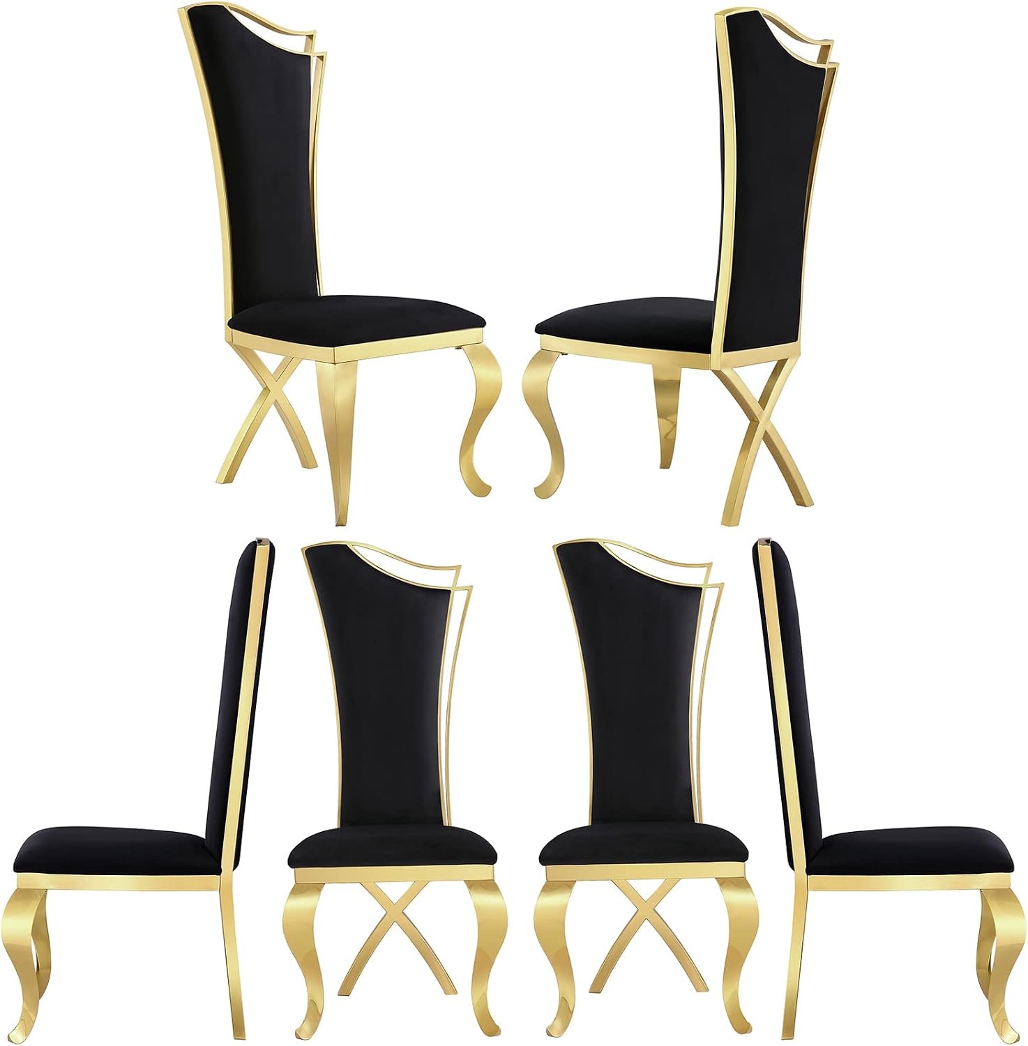 ACEDÉCOR 7 Piece Black and Gold Dining Table Set, Modern Kitchen and Dining Room Table Set with Stainless Steel U-Base and 6 Black Velvet Upholstered Dining Chairs