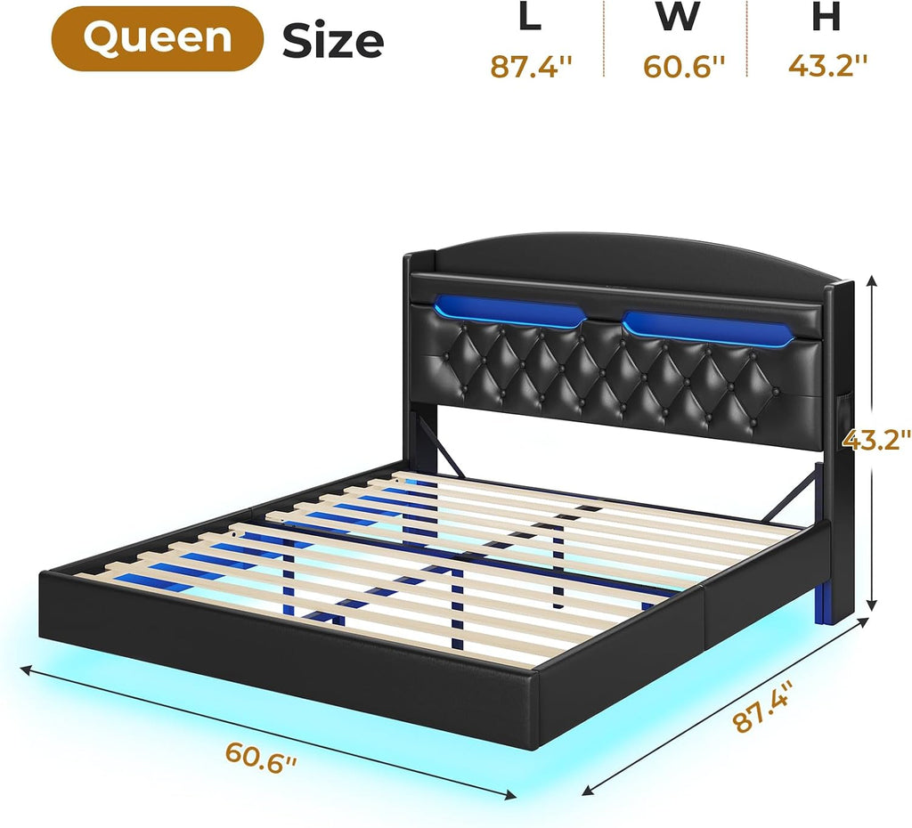 BTHFST Floating Bed Frame Queen Size with Charging Station, Headboard with Secret Storage Cubby, RGB Floating Bed, No Box Spring Needed, PU Black