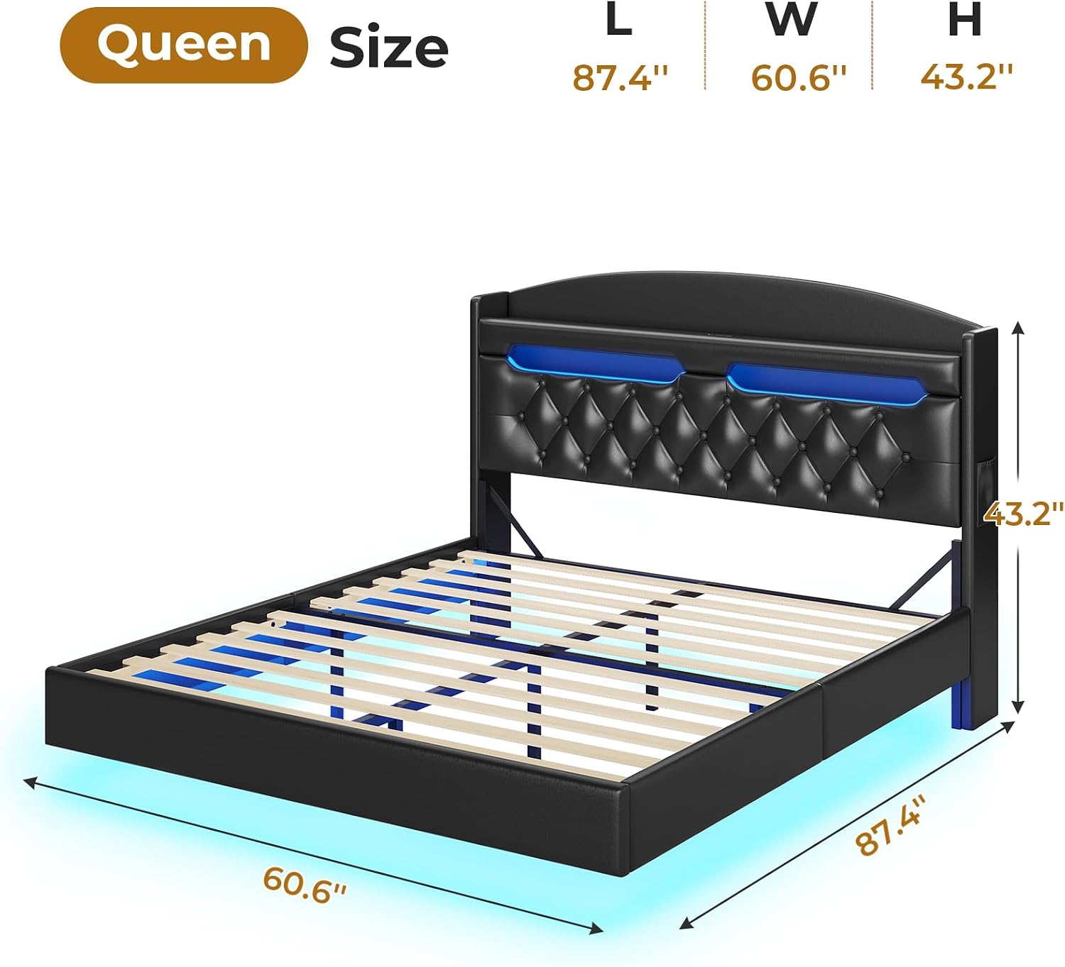 BTHFST Floating Bed Frame Queen Size with Charging Station, Headboard with Secret Storage Cubby, RGB Floating Bed, No Box Spring Needed, PU Black
