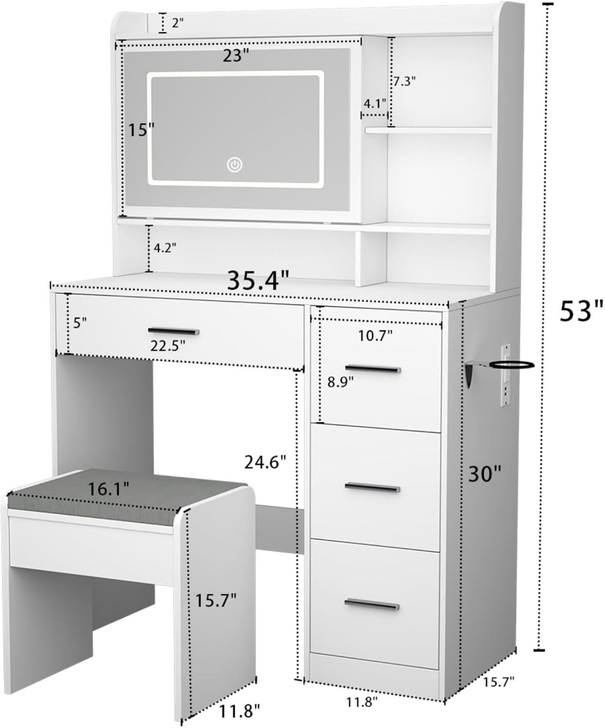 Viaozutis Vanity Desk with a Mirror and Lights，with Chair and Four Drawers, Three Adjustable Lighting Modes，with Power Outlet and Sliding LED Mirror,Bedroom Vanity Desk (White)