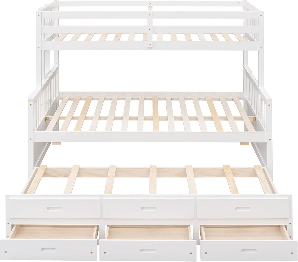 Harper & Bright Designs Twin Over Full Bunk Bed with Trundle, Solid Wood Bunk Bed Frame with Storage Drawers, for Kids Teens Adults (White)