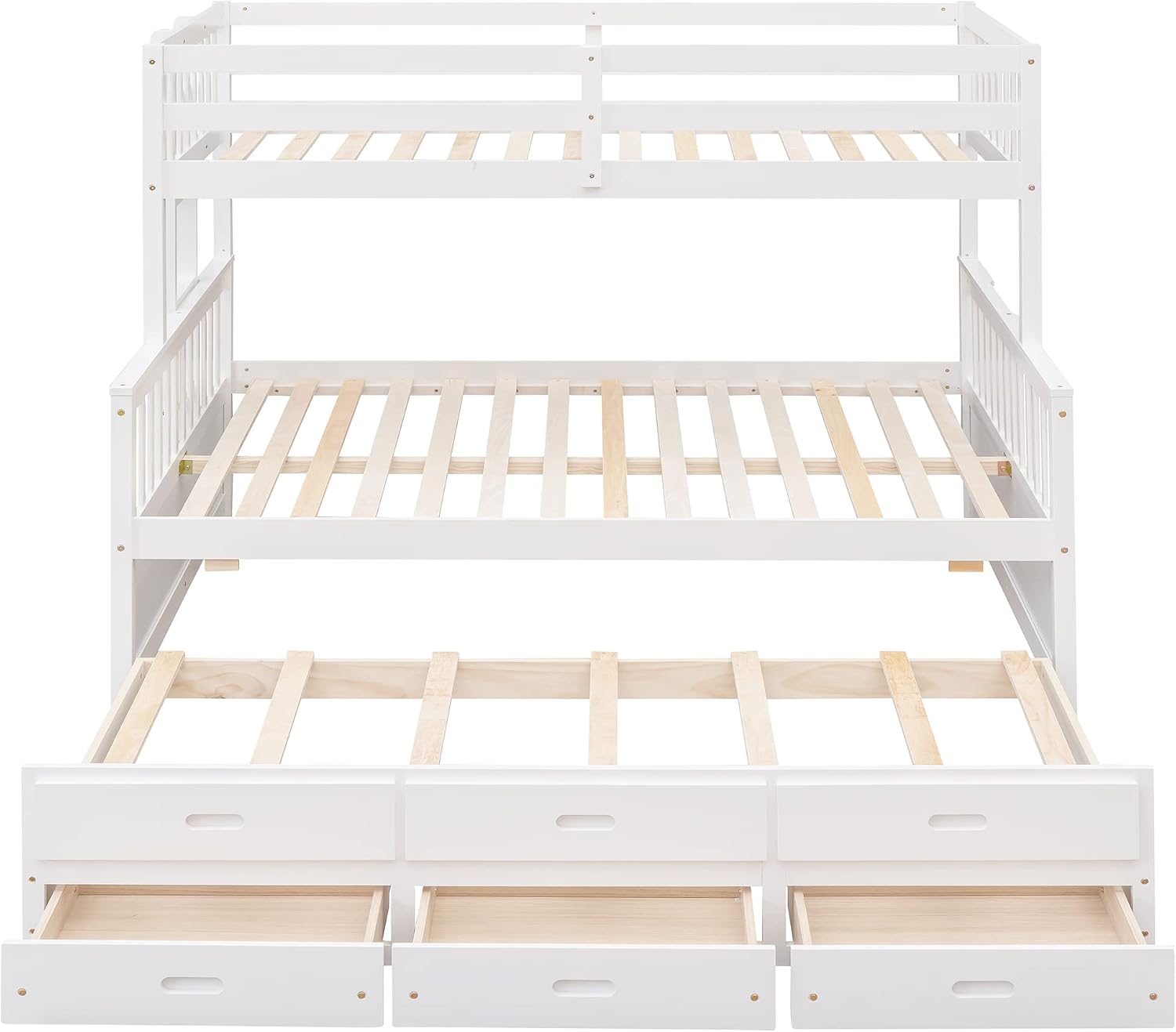 Harper & Bright Designs Twin Over Full Bunk Bed with Trundle, Solid Wood Bunk Bed Frame with Storage Drawers, for Kids Teens Adults (White)