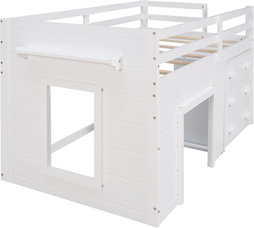 Ball & Cast Twin Size Low Loft Bed with Safety Guardrail & Stair,Wooden Bedframe W/Cabinet & Shelf,Solid Construction,No Spring Box Needed,Furniture Set for Boys Girls Keens Study Bedroom,White