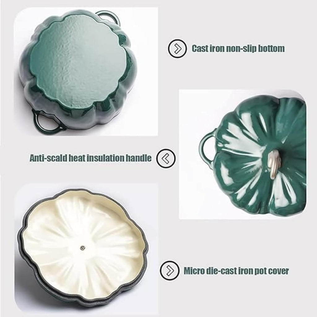 Green,Mswborml Pumpkin Enameled Cast Iron Dutch Oven w/Lid, Shallow Casserole Braiser with Dual Handle, Heavy-Duty Enamelled Cooking Pot Non-Stick Ceramic Coating, Oven, Induction Compatible