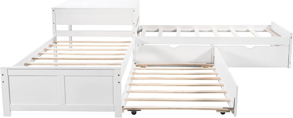 Merax Storage Daybed with Trundle, Twin Size L-Shaped Platform Bed with Convertible Trundle, Two Drawers and Built-in Desk for Living Room, Bedroom, Guest Room, No Box Spring Needed (White)