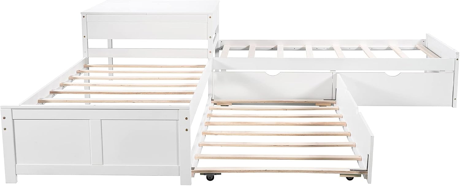 Merax Storage Daybed with Trundle, Twin Size L-Shaped Platform Bed with Convertible Trundle, Two Drawers and Built-in Desk for Living Room, Bedroom, Guest Room, No Box Spring Needed (White)